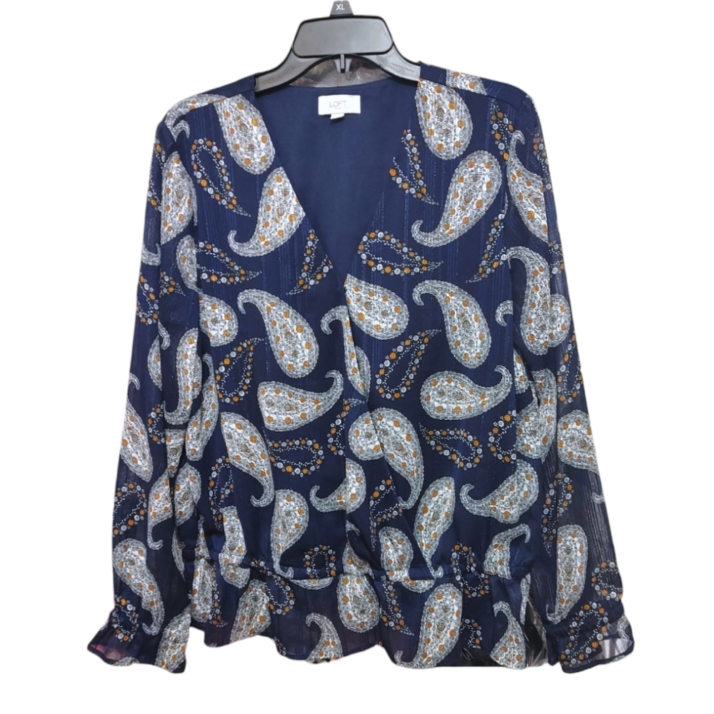 LOFT Navy Blue Paisley Metallic striped V Neck Sheer Sleeve Blouse Women Size L